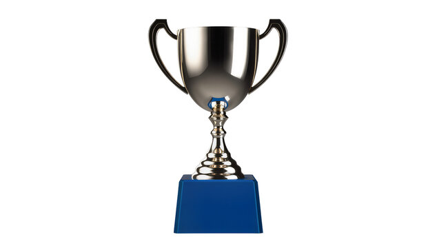 Shiny silver trophy cup with blue base, isolated on transparent background