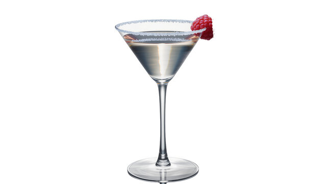 Clear cocktail in martini glass with sugar rim and raspberry garnish, isolated on transparent background