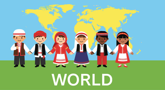 Diverse group of children in traditional international costumes holding hands in front of a yellow world map on grass.
