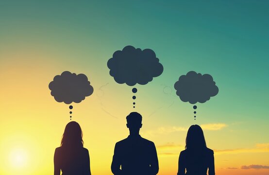 Three people silhouettes stand against colorful sunset sky with empty thought bubbles above heads. Symbolizes shared ideas teamwork discussion. Communication concept.