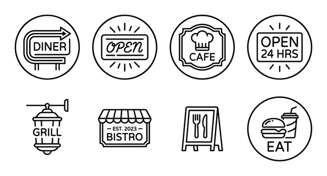 Set of restaurant and cafe icons including diner sign open cafe grill bistro eat and open 24 hrs.