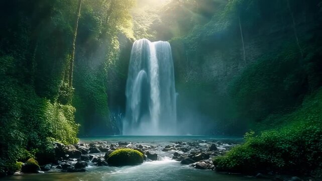 Serene waterfall cascades into a stream, surrounded by lush green forest under a bright, diffused light