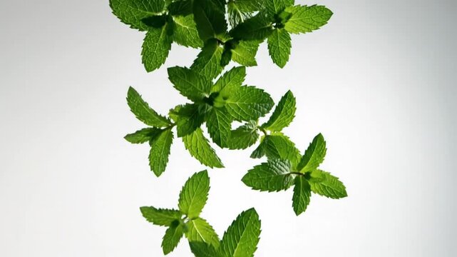 Fresh green mint leaves floating and falling slowly against a clean white background, creating a refreshing atmosphere