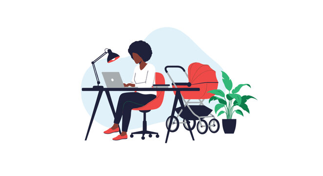 Multitasking mother working as a freelancer on her computer with a baby pram in her modern home office workspace.