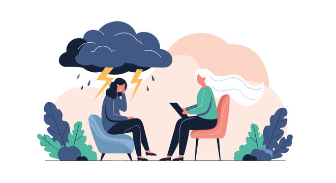 Young woman discusses her problems during a therapy session while a storm cloud symbolizes her depression.