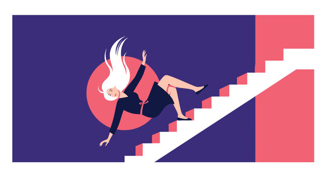Dramatic illustration of a woman in a dark dress falling backwards down a flight of stairs against a purple background.