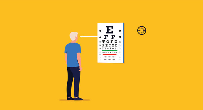Man stands in front of a standard Snellen eye chart during a vision test at an optometry clinic with a yellow background.