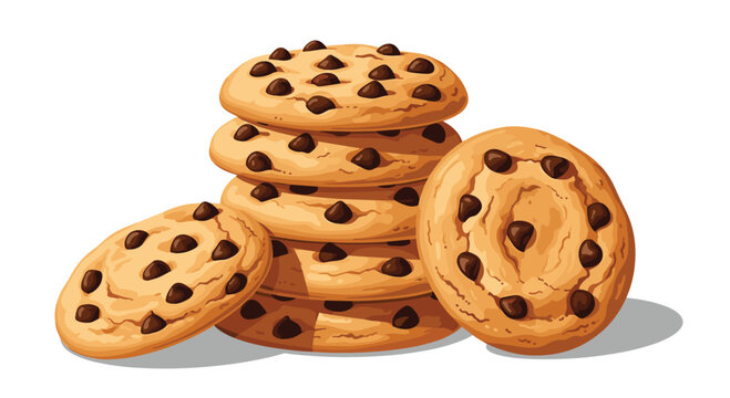 Stack of delicious homemade chocolate chip cookies with scattered biscuits on a white background for sweet snack and dessert promotion.
