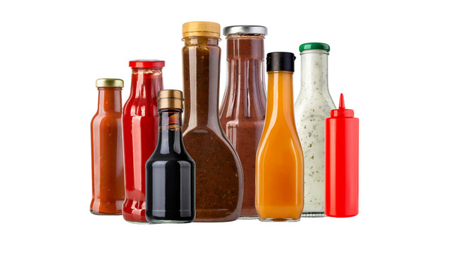 Assorted Condiment Bottles and Sauces Including Ketchup BBQ Soy and Salad Dressings Isolated on White Background