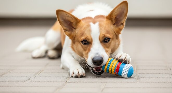 Adorable dog with expressive eyes happily chewing on a colorful, textured toy