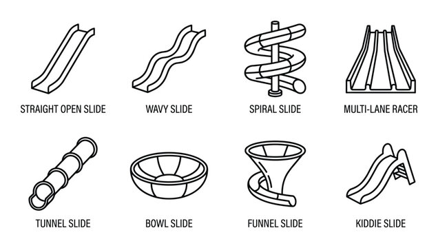 Water park slide icons with various types for summer recreation and amusement park.