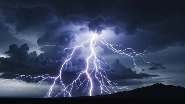 Epic nighttime thunderstorm with dramatic lightning strikes illuminating the dark landscape, nature's power display.