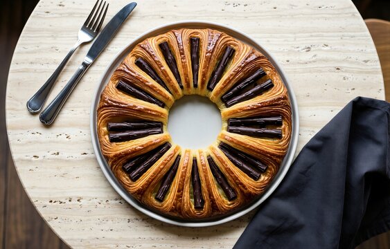 Freshly baked Pain au Chocolat with dark chocolate batons arranged beautifully. Concept of showcasing delicious laminated pastry with dark chocolate batons on display.