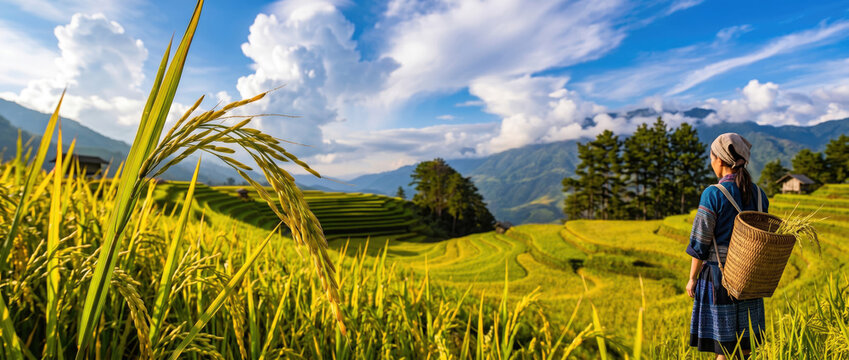 Terraced rice fields in Mu Cang Chai, Vietnam, with farmer walking along golden paddies in a scenic mountain landscape