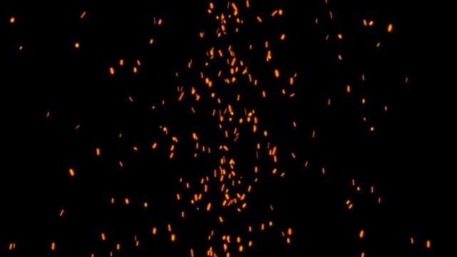 glowing fire sparks rising on black background embers particles with alpha channel 4k loopable overlay. realistic fire sparks and embers flying upwards.