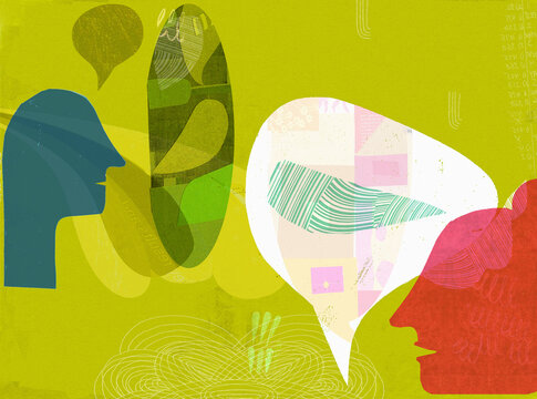 Man and woman talking with patterned speech bubbles