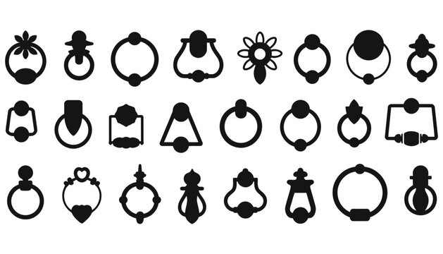 set of black door knockers shapes knocker door collection, antique style hardware set showcasing traditional metal craftsmanship and elegant entrance accessories for historic architecture concepts.