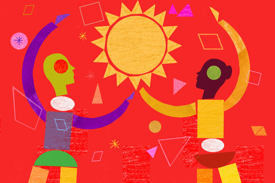 Geometric shapes forming girl and boy holding sun