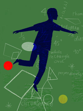 Silhouette of boy floating over mathematics on chalkboard