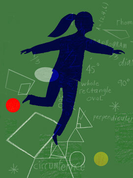 Silhouette of girl floating over mathematics on chalkboard