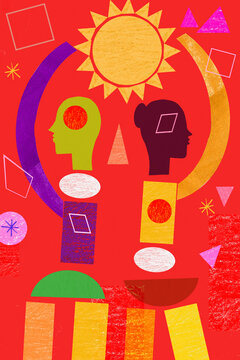 Geometric shapes forming girl and boy holding sun