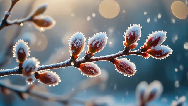 Frosty branch with red buds