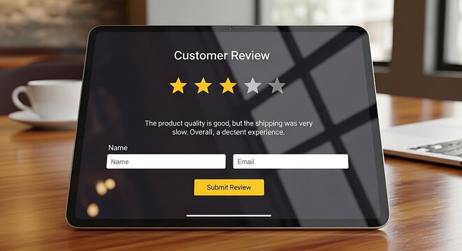 Customer review form on tablet with five-star rating, pen, and coffee cup on wooden desk