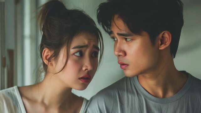The couple look at each other with anxiety and mistrust &mdash; the perfect emotional backdrop for dramas, psychological thrillers or content exploring relationship crises.

