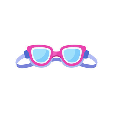 plastic pink blue swim goggles, pool eyewear accessory, colorful illustration