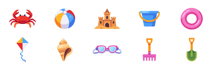 Set of beach kids activities icons, summer seaside play and swim symbols, colorful collection with illustrations