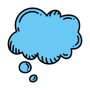 Blue thought bubble doodle illustration with bold black outline, hand drawn cartoon thinking cloud with dots isolated on dark background, ideal for ideas, thinking, comic text, education