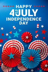 Fourth of July USA. Patriotic greeting card with handmade decor, fireworks rockets, firecrackers. American Independence celebration design layout 4 th of july. © TSViPhoto