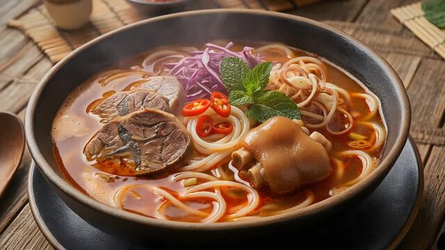Steaming Bun Bo Hue with Spiced Broth, Pork Knuckle and Fresh Herbs