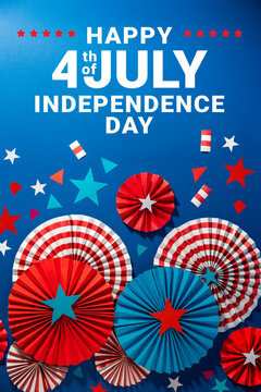Fourth of July USA. Patriotic greeting card with handmade decor, fireworks rockets, firecrackers. American Independence celebration design layout 4 th of july.