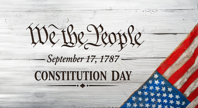 Flag Day, vintage style. USA flag on burlap fabric over white wooden background, rustic patriotic texture for national holidays