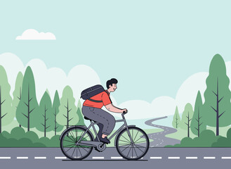 Fototapeta premium Young man riding bicycle with backpack on road eco friendly commuting illustration
