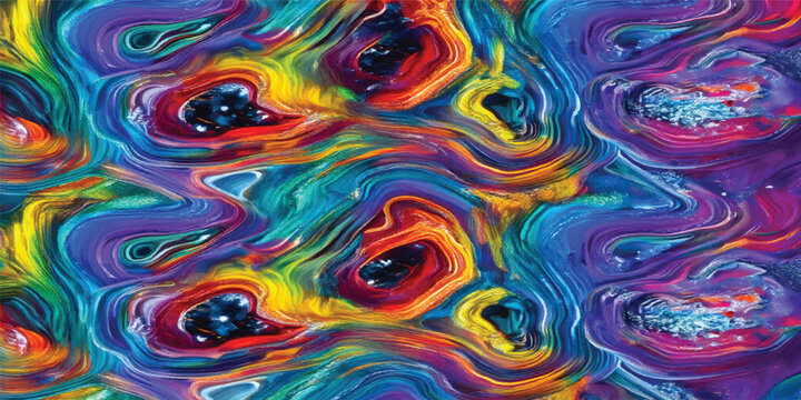 An artistic abstract wallpaper featuring colorful paint swirls and blue liquid waves that create a flowing fractal pattern with vibrant rainbow light circles on a textured backdrop