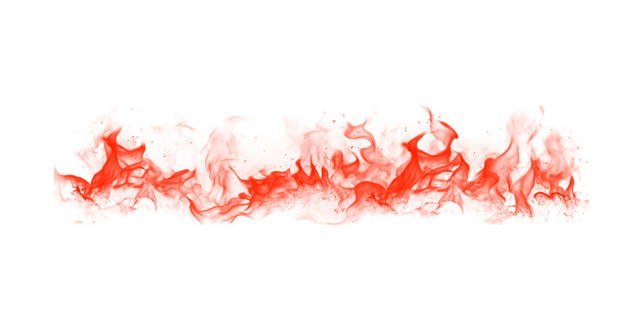Intense red fire flames burning in long panoramic line on black background for cinematic design and dramatic power frame