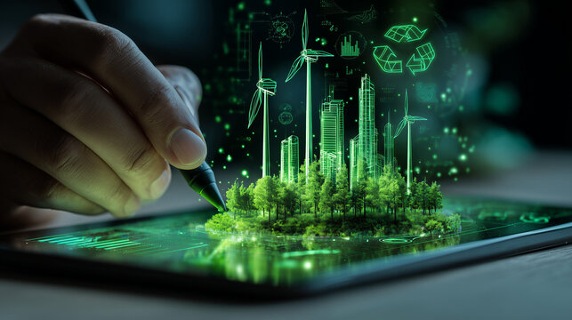 ESG Data Visualization: A hand interacting with a digital interface that renders a smart, renewable-powered city, highlighting the intersection of sustainable development and financial technology.