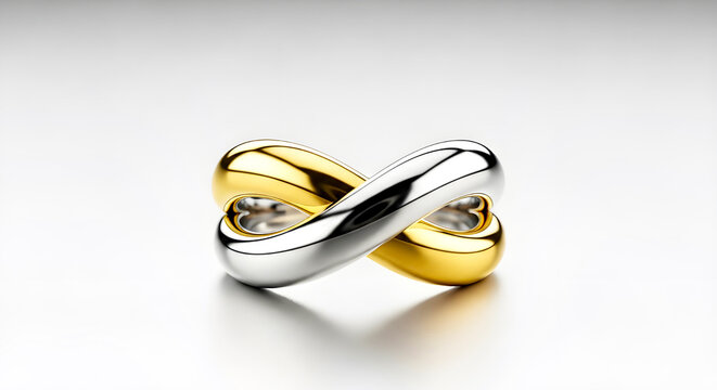 Gold and Silver Infinity Rings on White Background
