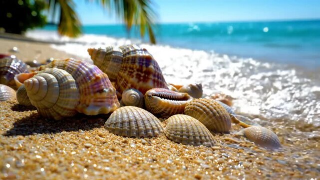 Beautiful seashells on a sandy beach shore with crystal clear ocean water and palm tree leaves on a sunny day