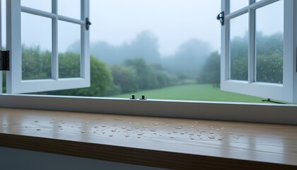 Fototapeta premium Window open to rainy morning view with raindrops on wooden sill looking out at green garden landscape for nature and renewal concept