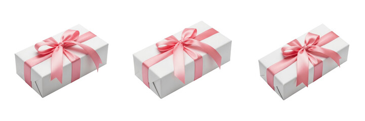 Obraz premium Three white gift boxes with pink ribbons isolated on transparent background