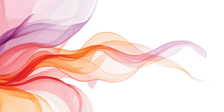 Abstract colorful smoke swirls in a smooth wave design featuring vibrant purple and pink light curves and rainbow line patterns for a modern vector illustration background