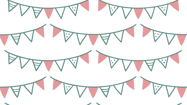 Red and white zigzag garland with triangular flags seamless pattern