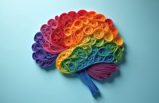 Quilling paper brain art in rainbow colors on light blue background symbolizes neurodiversity creativity and mental health awareness. This unique artwork represents cognitive diversity and inclusion.