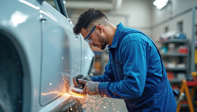 Auto worker grinds car body using electric sander tool in workshop. Sparks fly as mechanic smooths metal panel for auto body repair and painting services. Skilled man works on vehicle restoration.