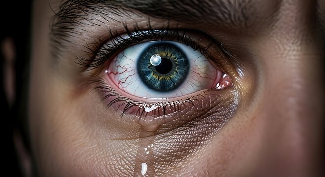 Close up of a crying eye with tears streaming down the face.