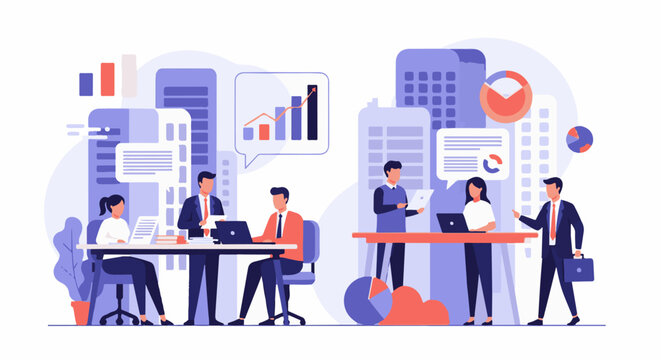 Diverse professionals collaborate and analyze data in a modern office setting with abstract city backgrounds