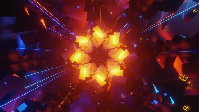 4k loop video of dynamic blue and orange vj tunnel with interlocking geometric shapes and glowing energy for VJ sets, high-tech club visuals, music festivals, stage screens, LED video walls